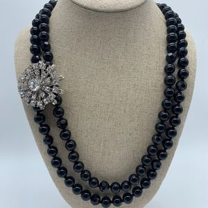 Stella & Dot Set - La Coco Jet Black Faceted Rope Necklace & Vintage Brooch
